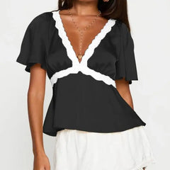 Lace Trim Flare Sleeve Top - High Street Chic
