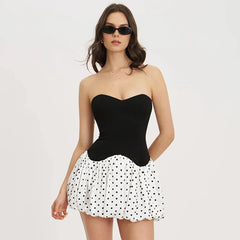 Black Patchwork Polka Dot Frill Mini Dress