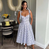 Blue Printed Midi Tie Up Dress