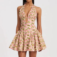 Floral Deep Halter Neck Mini Dress