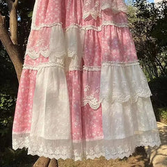 Pink Floral Lace Maxi Skirt - Y2K Loose Fit