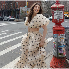 Polka Dot Bubble Sleeve Top And Ruffles Maxi Skirt Set