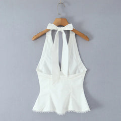 White Bow Halter V neck Button Top