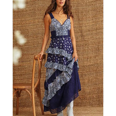 Blue Floral Print Ruffled Maxi Dress