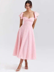 Pink Short Puff Sleeves Jacquard Print Maxi Dress