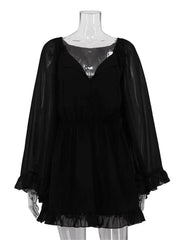 Black Ruffles Mesh Long Sleeve Mini Dress