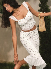 Ruched Floral Crop Top And Midi Skirt Set