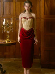 Red Drape Flower Corset Strapless Midi Dress