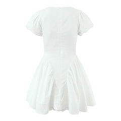 White Bow Deep V Neck Short Sleeve Mini Dress
