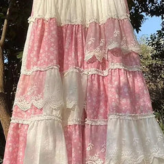 Pink Floral Lace Maxi Skirt - Y2K Loose Fit