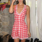 Red Checked V-neck Tank Mini Dress