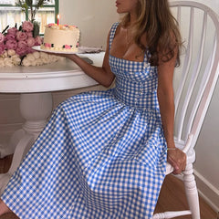 Blue Plaid Ribbon Lace Up Strap Midi Dress