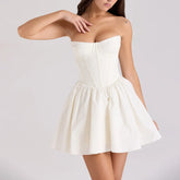 White Solid Flare Bustier Mini Dress - A-Line Fit