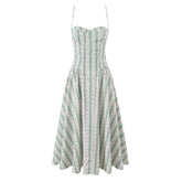 Green Striped Floral Print Corset Style Midi Dress - Sweet Fit & Flare