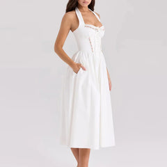 Green Embroidered Halter Midi Dress - A-Line Fit