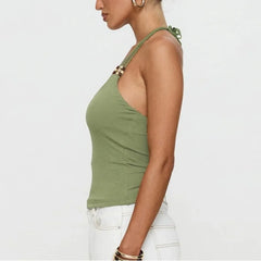 Green Beaded Halter Strap Top
