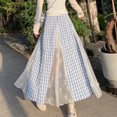 Lace Spliced Blue Plaid Long Skirt
