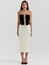 Black Lace Up Tube Top And White Satin Midi Skirt Set