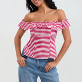 Red Plaid Off Shoulder Ruffles Top
