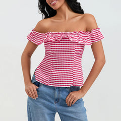 Red Plaid Off Shoulder Ruffles Top