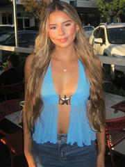 Deep Neck Mesh Metal Buckle Halter Vest Top