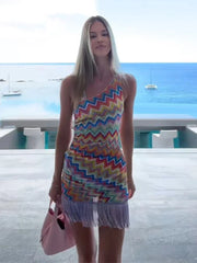 Rainbow Stripe Fringe Halter Beach Mini Dress