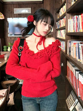 Red 3D Flower Off-Shoulder Long Sleeve Top