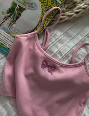 Pink Bow Embroidery Cami Crop Top