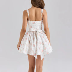White Floral Print Back Tie Flare Mini Dress - Casual Loose Fit