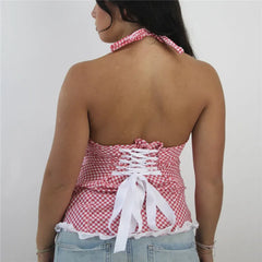 Plaid Halter Lace Trim Top