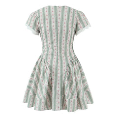 Green Striped Floral Print Short Sleeve Mini Dress