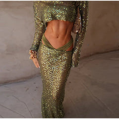 Green Sequin Long Sleeve Top And Maxi Skirt Set
