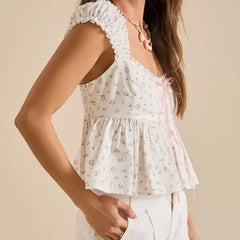 White Floral Print Babydoll Crop Top