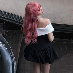 Bow Lace-up Black Off Shoulder Mini Dress