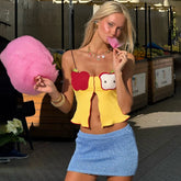 Fruit Embroidery Split Crop Top - Sweet Backless Cami