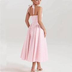 Pink Plaid Bow Halter Midi Dress