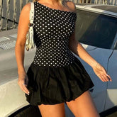 Black Off-shoulder Polka Dot Bubble Mini Dress