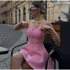 Tweed Strapless Buttoned Mini Dress