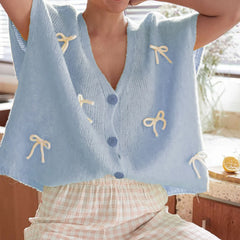 Bow V-Neck Short Sleeve Cardigan