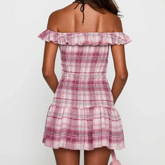 Plaid Print Off-Shoulder Ruffled Mini Dress
