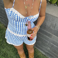Plaid Lace Trim Bustier Crop Top And Shorts Set