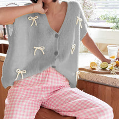Bow V-Neck Short Sleeve Cardigan