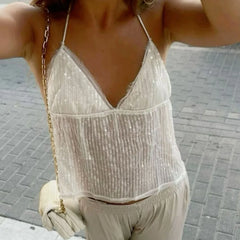 Sequin Sheer Open Back Tie Up Top