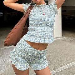Elastic Plaid Ruched Crop Top And Shorts Set