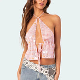 Sequin Knitted Tie Up Top - Backless Casual Tank