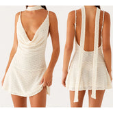 Sheer Cowl Ruffled Hem Cami Dress with Scarf - Mini A-Line