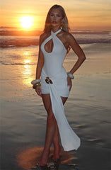 Halter Metal Flower Draped Ruched Mini Dress