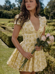 Yellow Floral Puff Sleeve Mini Dress