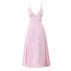 Pink Satin V-neck Bow Strap Flare Midi Dress