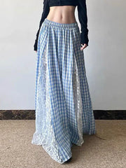 Blue Lace Patchwork Plaid Long Skirt